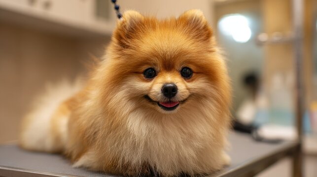 A Pomeranian is groomed on a table at a dog salon highlighting dog care and trendy haircuts A specialized dryer is used for drying the dog s fur