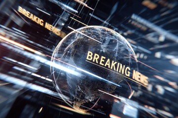 Abstract, futuristic, high-tech Breaking News intro with golden letters rotating around a digital globe (planet Earth) with a motion blur effect and fast lines
