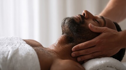 A male massage therapist treats a client s neck while they lie face up on a towel covered table in a white room
