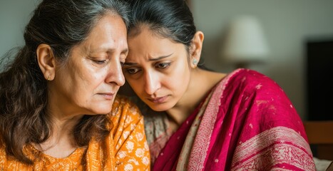 Middle aged Indian mom comforting anxious daughter at home theme of parental care and family support