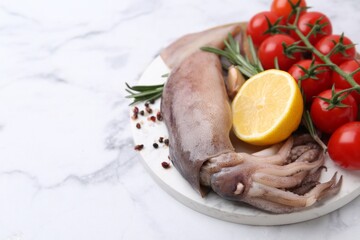 Fresh raw squid, tomatoes, lemon and spices on white marble table, closeup. Space for text
