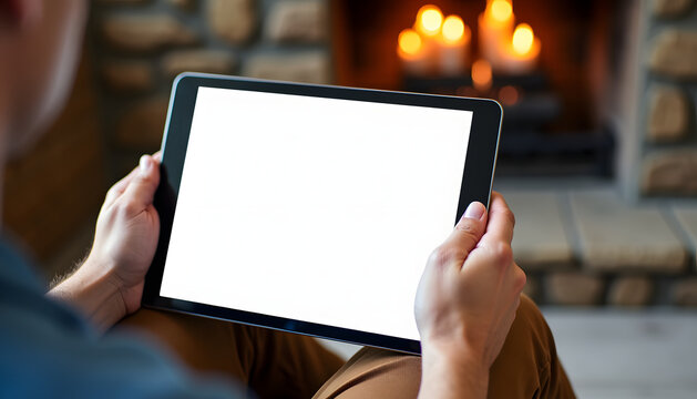 Man holding a tablet with a blank screen in front of a fireplace