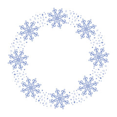 A wreath of blue snowflakes on a white background. Round frame for Christmas and New Year decorations.