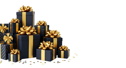 A luxurious pile of black gift boxes with gold ribbon and bows, isolated on transparent background, perfect for celebrations and special occasions