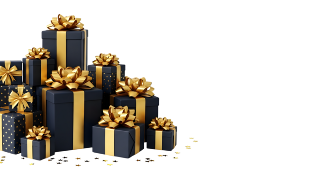 A luxurious pile of black gift boxes with gold ribbon and bows, isolated on transparent background, perfect for celebrations and special occasions