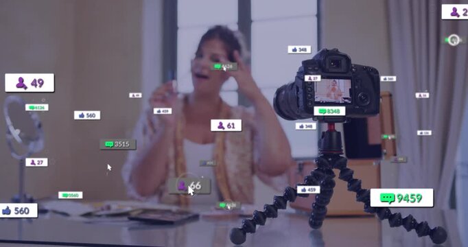 Beauty creator holding tube at camera rig causing animated viewer and like counters rising