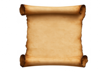 Old parchment scroll with burnt edges, a blank vintage manuscript unrolling, transparent background