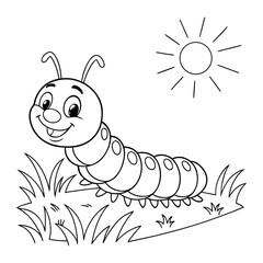 Charming line drawing of a happy caterpillar with simple bold outlines