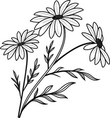 Simple hand drawn line art illustration of a delicate bouquet of assorted flowers