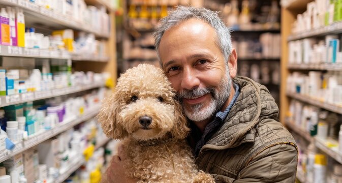A middle aged Hispanic man lovingly cradling his poodle in a well supplied drugstore - Powered by Adobe