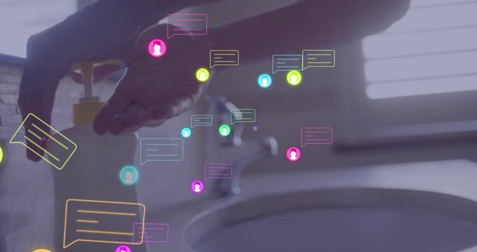 Hands pumping soap dispenser above sink and rubbing palms while icons swirling for health awareness