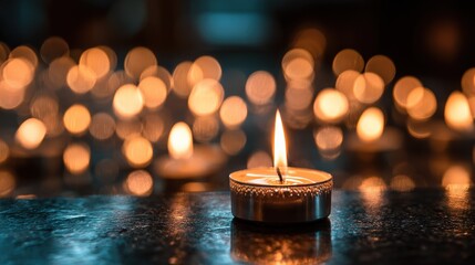 Candle amidst blurred flames evokes a spiritual ambiance in memory of loved ones