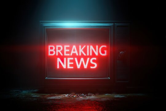 Vintage CRT television with bright neon-red "BREAKING NEWS" text on the screen, glowing in the darkness with a retro static effect, creating a dramatic, urgent effect