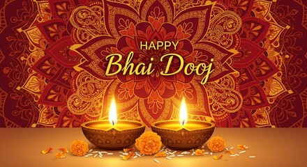 Beautiful Bhai Dooj Greeting Illustration Featuring Glowing Diyas and Intricate Mandala Art Radiant Warm Colors Representing Love Between Siblings Perfect for Festive Posters Cards and Digital Designs