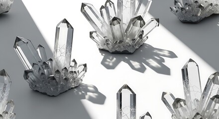 Vector illustration of a collection of clear quartz crystal clusters arranged on a light gray surface with dramatic shadows
