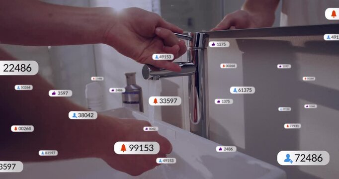 On rotating handle, hands turning faucet over sink, spawning notification icons, rinsing icons away