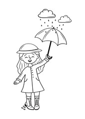The girl under the umbrella. Drawing of a joyful girl with an umbrella, it's raining. Vector graphics, hand-drawn, stock animation illustration.
