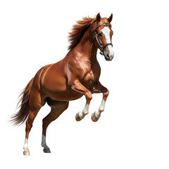 Naklejka premium Majestic chestnut stallion rearing powerfully, showcasing muscular physique and flowing mane, embodying strength and freedom.