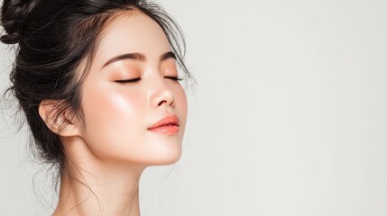Naklejka premium Attractive young Asian woman with clear skin against a white backdrop skincare beauty treatments and spa portrait