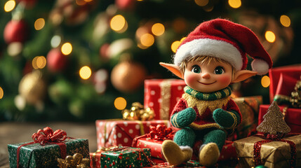Funny elf sitting on a pile of gifts with Christmas tree in background, cheerful festive scene