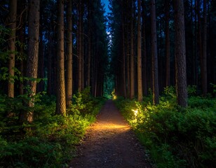 Dark forest trail illuminated by soft lights at dusk
