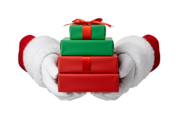 Santa Claus Hands Holding A Stack Of Red And Green Christmas Presents Isolated On White Background