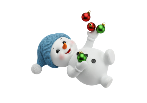 Cute Snowman Juggling Christmas Ornaments Isolated On White Transparent Background