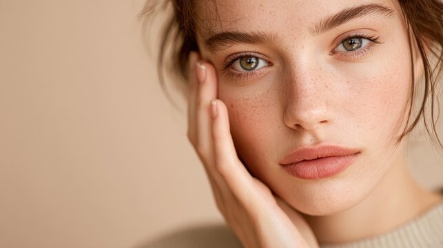 Close up of girl with problematic skin touching her face gazing at the camera against a beige background