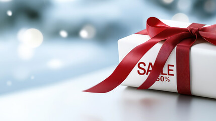 Gift box with a red bow and SALE 50% text, sitting in fresh snow with pinecones, representing winter sales, holiday discounts, and festive shopping promotions
