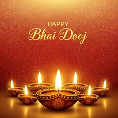 Beautiful Bhai Dooj Greeting Illustration Featuring Glowing Diyas and Intricate Mandala Art Radiant Warm Colors Representing Love Between Siblings Perfect for Festive Posters Cards and Digital Designs