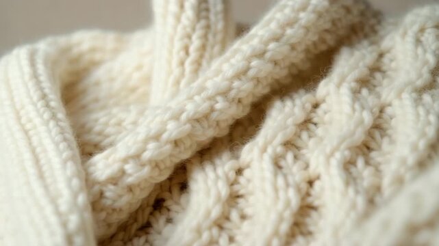 Close-up of cream-colored knitted sweater texture  