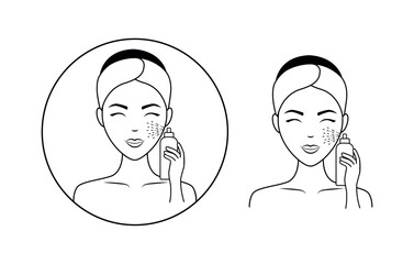 The girl sprays her face with a spray. She attends beauty treatments, takes care of her face and skin.A skin care icon, an image of a woman's face on a transparent background. Vector icon.