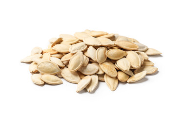 Pile of pumpkin seeds isolated on white