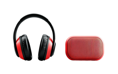 Closeup of sleek headphones paired with a compact portable speaker representing high quality sound and convenience isolated on transparent background PNG