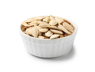 Pumpkin seeds in bowl isolated on white