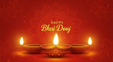 Beautiful Bhai Dooj Greeting Illustration Featuring Glowing Diyas and Intricate Mandala Art Radiant Warm Colors Representing Love Between Siblings Perfect for Festive Posters Cards and Digital Designs