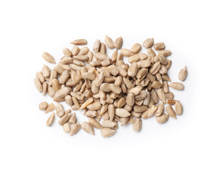 Pile of sunflower seeds isolated on white, top view