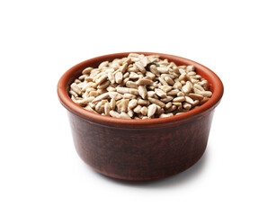 Sunflower seeds in bowl isolated on white
