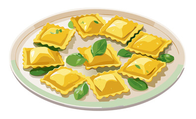 Vector drawing homemade ravioli with ricotta and spinach, served on a plate with butter and sage, overhead perspective.