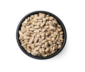 Sunflower seeds in bowl isolated on white, top view