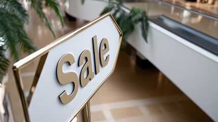 Golden sale letters creating a striking visual message for retail discounts, promotions, shopping events, and consumerism in a bright modern mall interior