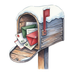Wooden Snow Covered Mailbox Filled with Holiday Correspondence and Cards