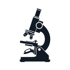Dark blue silhouette of a compound microscope on a white background science laboratory