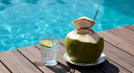 Refreshing coconut drink with a slice of lime by the pool.