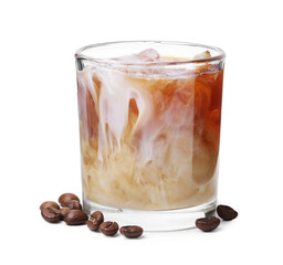 Tasty iced coffee with milk and beans isolated on white