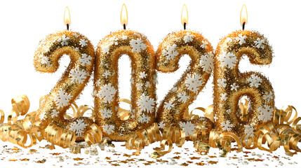 Festive New Year 2026 candle design featuring tall golden candles forming the digits, glowing warmly amid scattered snowflakes and mini party ribbons, isolated on white background