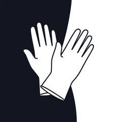 White outline of two gloves on a split dark blue and white background hand hands