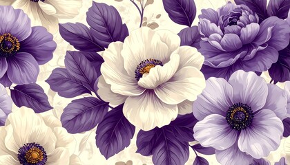 Floral pattern featuring white, purple blooms, and leaves