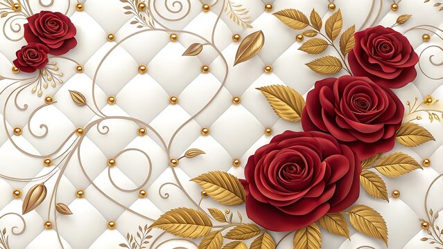Red roses and gold leaves on a white quilted background with gold studs and swirling gold vines  custom 3d photo wallpaper panaflex design for wall hd background
