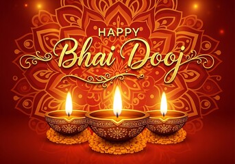 Beautiful Bhai Dooj Greeting Illustration Featuring Glowing Diyas and Intricate Mandala Art Radiant Warm Colors Representing Love Between Siblings Perfect for Festive Posters Cards and Digital Designs